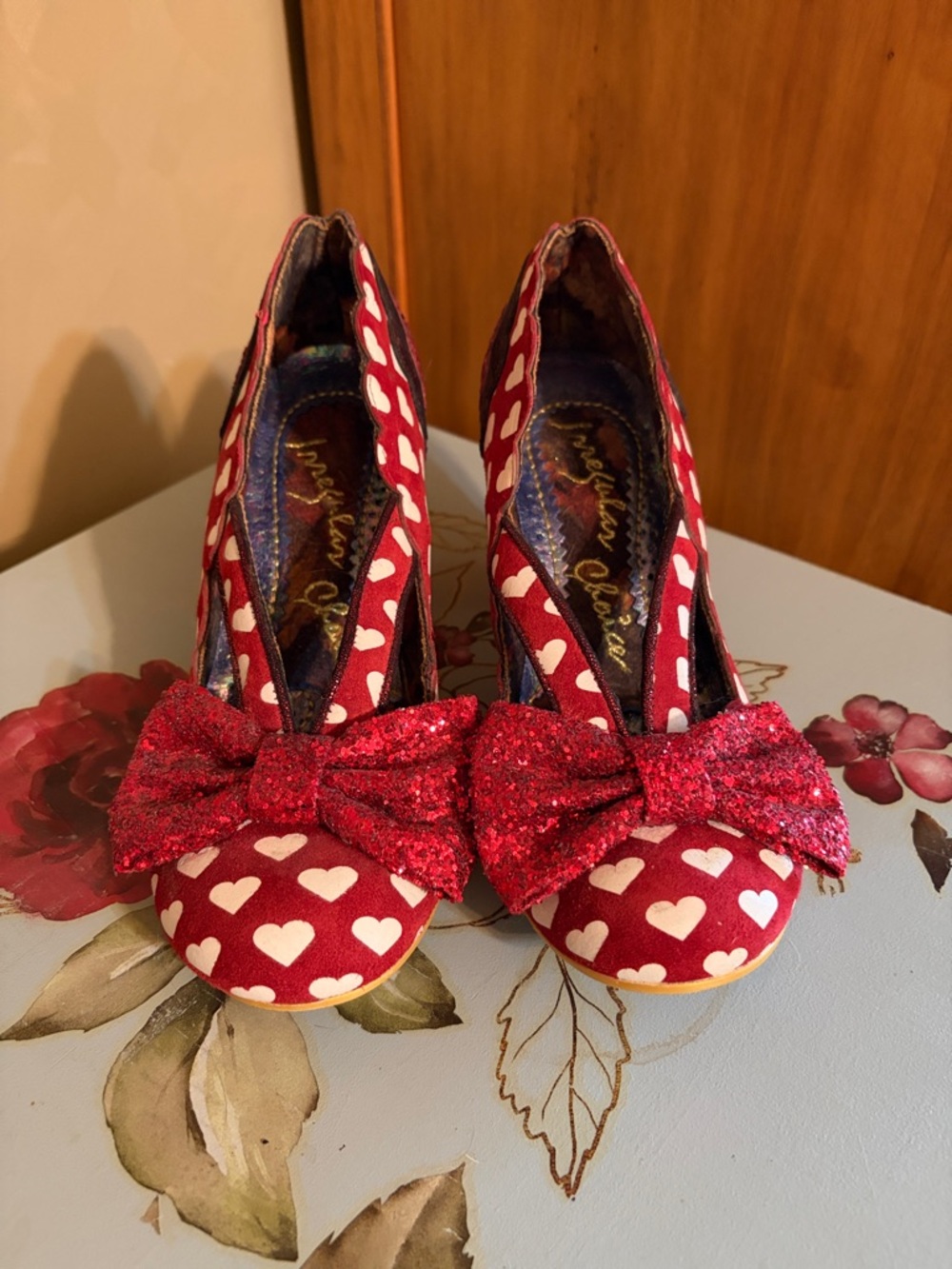 Irregular Choice Red Heart Print Pumps with Glitter Bow Accent